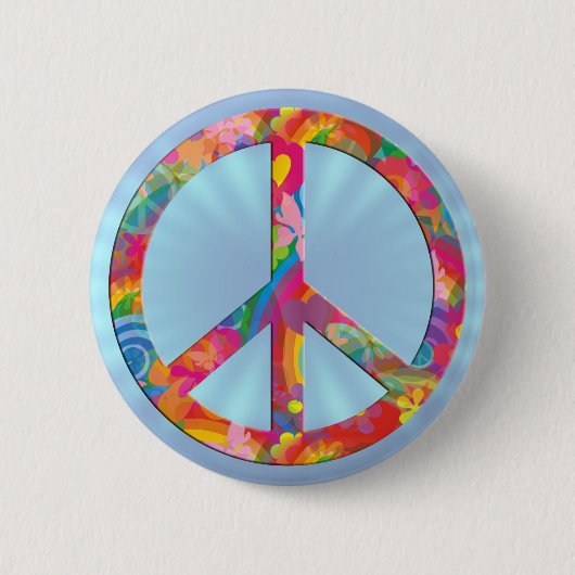Blume Power Frieden | hellblau glänzen Button (Vorderseite)