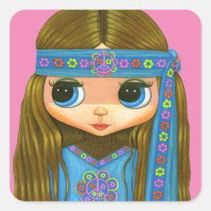 Blume Power Hippie Chick Headband Big Eyes Niedlic Quadratischer Aufkleber