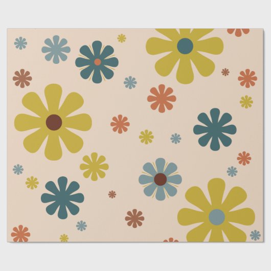 Blume Power Retro 60er Muster Mustard Blue Orange Geschenkpapier (Flach)