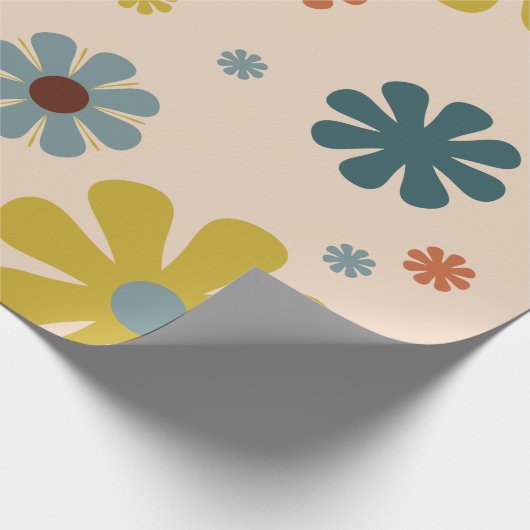 Blume Power Retro 60er Muster Mustard Blue Orange Geschenkpapier (Ecke)