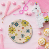 Blume Power Retro 60er Muster Mustard Blue Orange Pappteller (Party)