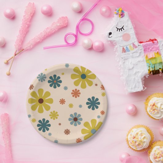 Blume Power Retro 60er Muster Mustard Blue Orange Pappteller (Party)