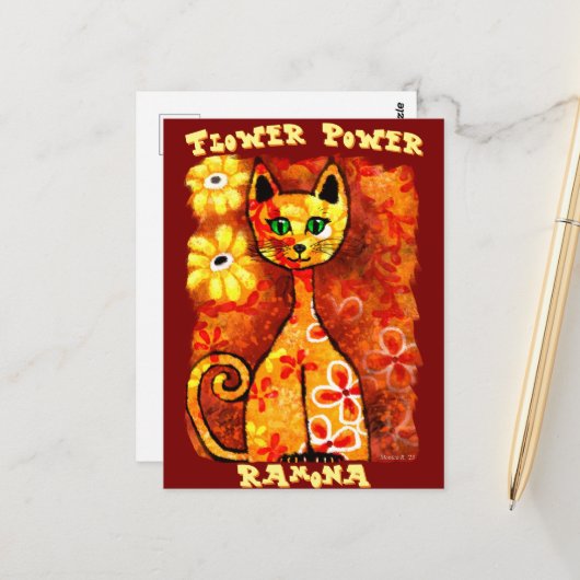 Blume Power Retro Whimsical Cat Personalisiert Postkarte (Vorderseite/Rückseite Beispiel)