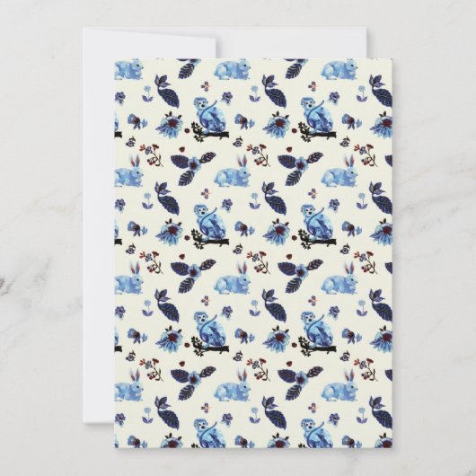 Blume Rabbit Monkey Blau Vintag Feiertagskarte (Vorderseite)