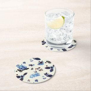 Blume Rabbit Monkey Blau Vintag Runder Pappuntersetzer