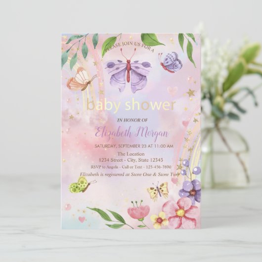 Blume Rainbow Baby Dusche Einladung (Stehend Vorderseite)