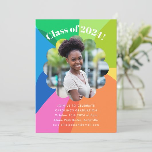 Blume Rainbow Foto Graduation Party Einladung (Stehend Vorderseite)