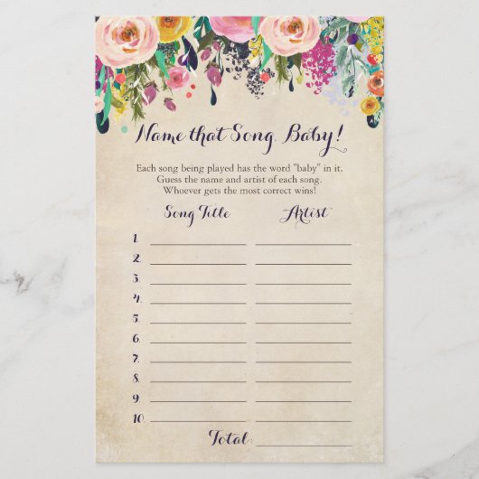 Blume Raten Sie das Baby Song Baby Shower Game (Vorderseite)