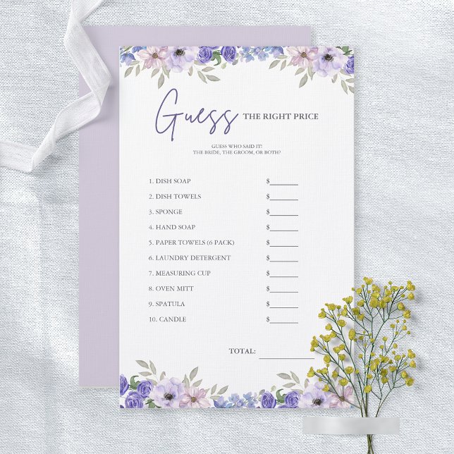 Blume Raten Sie die Preis-Brautparty-Spielkarte (Flower Guess the Price Bridal Shower Game Card)