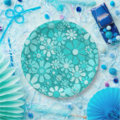 Blume Retro 60er 70er Blumenmuster Cyan Pappteller (Party)