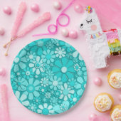Blume Retro 60er 70er Blumenmuster Cyan Pappteller (Party)