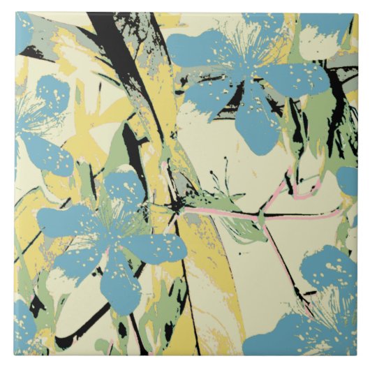 Blume Retro blau und gelb Fliese (Vorderseite)