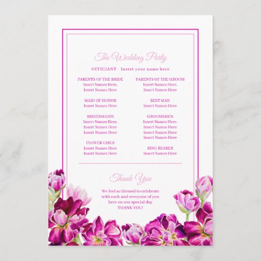 Blume Rosa Aquarellfarben Hochzeitsprogramm Programm (Rückseite)