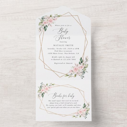 Blume, rosa Blume, Boho, Babydusche All In One Einladung (Innen Boden)