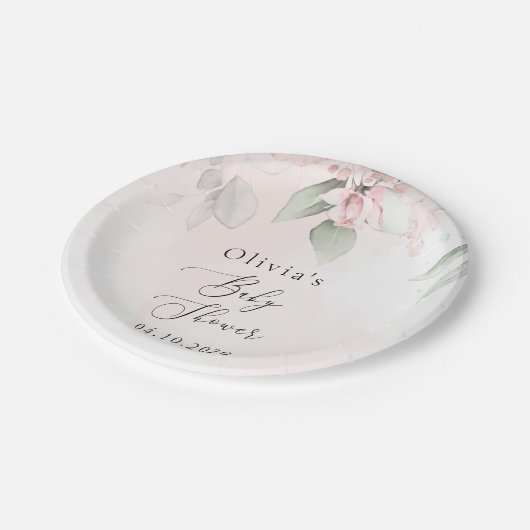 Blume, rosa Blume, Boho, Babydusche Pappteller (Schrägansicht)