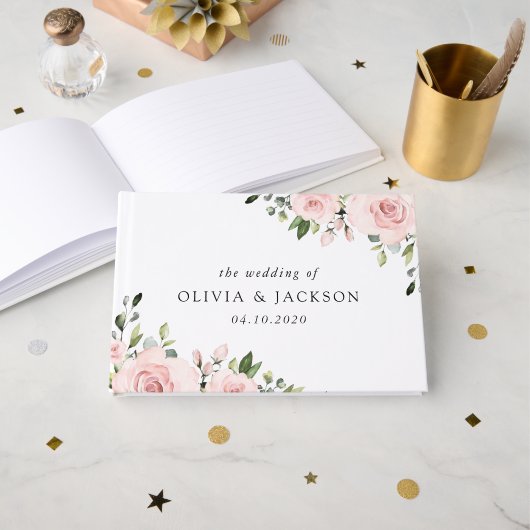 Blume, rosa Blume, Grünpflanzen, Hochzeit Gästebuch (Vorderseite Offen)