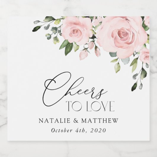 Blume, rosa Blume, Grünpflanzen, Hochzeit Schaumweinetikett (Einzelnes Label)