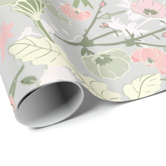Blume Rosa Grünes botanisches Muster Geschenkpapier (Rolleneckpunkt)
