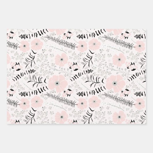 Blume Rosa Schwarzes Botanisches Dekoupage-Geschen Geschenkpapier Set (Vorderseite)