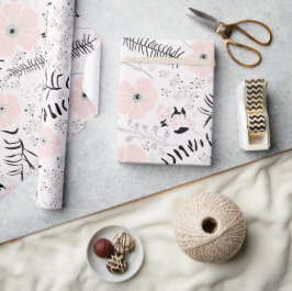 Blume Rosa Schwarzes Botanisches Muster Geschenkpapier