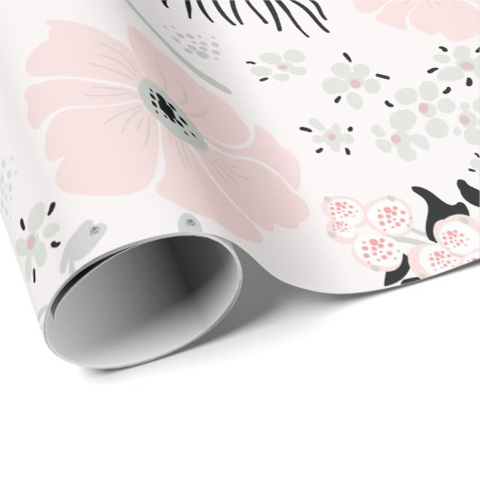 Blume Rosa Schwarzes Botanisches Muster Geschenkpapier (Rolleneckpunkt)
