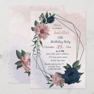 Blume rosa und marinefarben geometrischer Geburtst Einladung