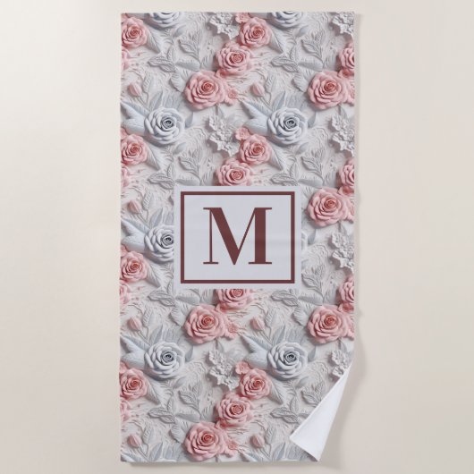 Blume Rosa-weiße Monogramm Strandtuch (Vorderseite)