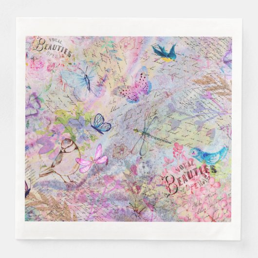 Blume Rose Gold Decoupage Birds Butterfly Script Serviette (Vorderseite)