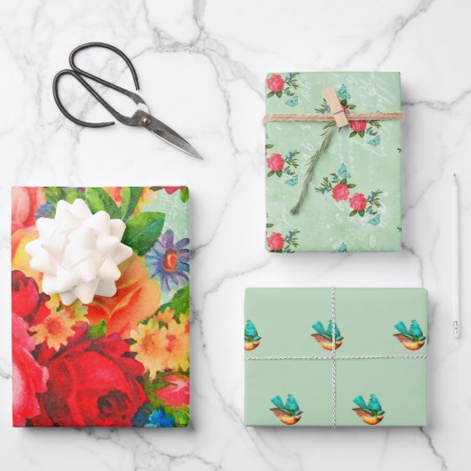 Blume, Rose und Bluebirts Geschenkpapier Set (Vorderseite)