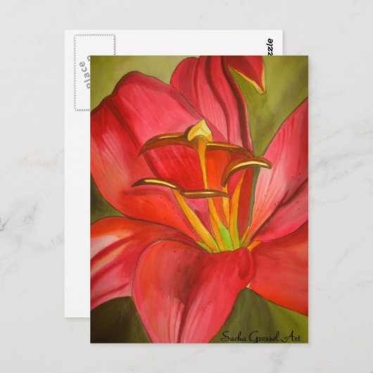 Blume Rot Alert Lily Aquarell Postkarte (Vorne/Hinten)