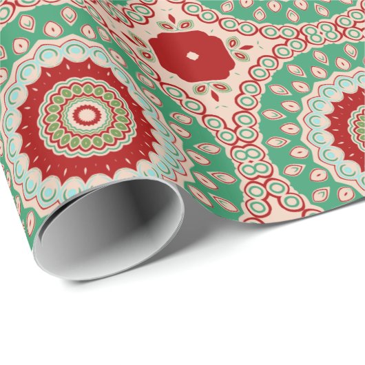 Blume Rot, Grün und Aqua Kaleidoskop Geschenkpapier (Rolleneckpunkt)