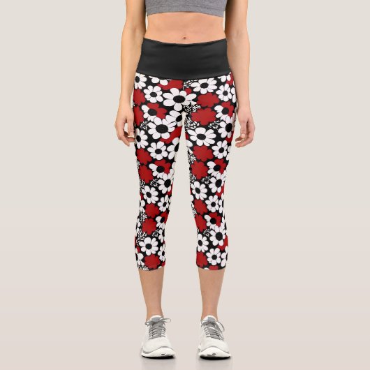 Blume rot, schwarz und weiß capri leggings (Vorderseite)
