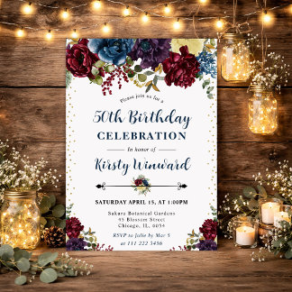 Blume Rot und Navy Winter 50. Geburtstag Einladung