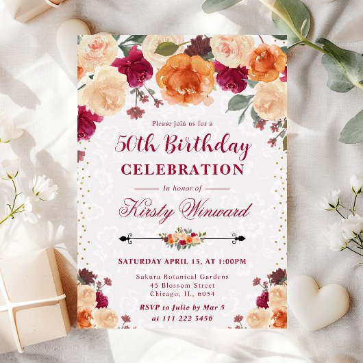 Blume Rot und Orange Fall Geburtstag Einladung
