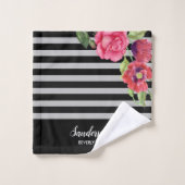 Blume Rot und Rosa, schwarze graue Streifen Badhandtuch Set (Waschlappen)