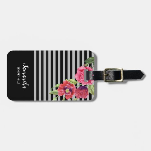 Blume Rot und Rosa, schwarze graue Streifen Gepäckanhänger (Vorderseite horizontal)
