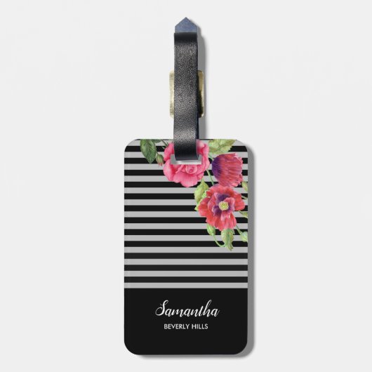 Blume Rot und Rosa, schwarze graue Streifen Gepäckanhänger (Rückseite vertikal)