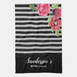 Blume Rot und Rosa, schwarze graue Streifen Geschirrtuch