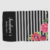 Blume Rot und Rosa, schwarze graue Streifen Golfhandtuch (Horizontal)