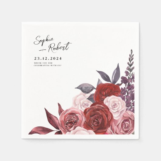 Blume Roter Wein Hochzeit Personalisiert Serviette (Vorderseite)