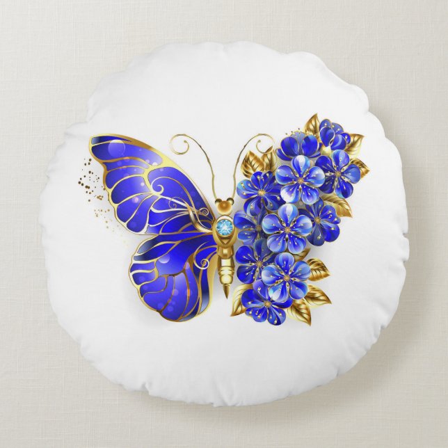 Blume Sapphire Butterfly Rundes Kissen (Vorderseite)