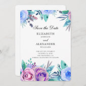 Blume Save the Date. Lila und blaue Hochzeit Einladung (Vorne/Hinten)