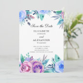 Blume Save the Date. Lila und blaue Hochzeit Einladung (Stehend Vorderseite)