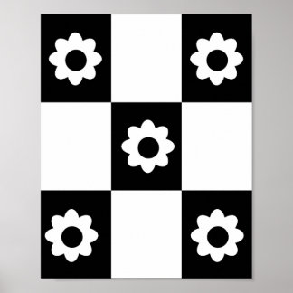 Blume Schachbrett Muster Schwarz-weiße Mod-Quadrat Poster