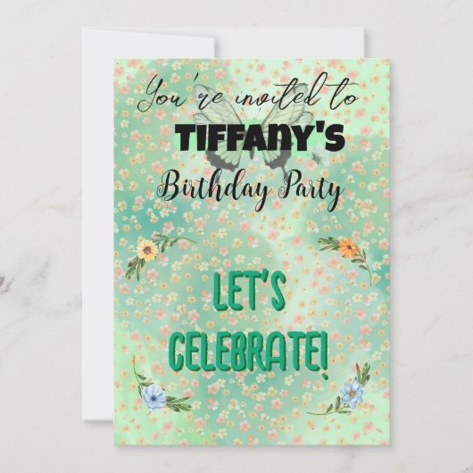 Blume & Schmetterling Einladung zum Geburtstag (Vorderseite)
