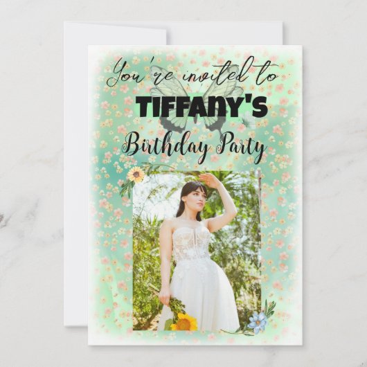 Blume & Schmetterling Einladung zum Geburtstag (Vorderseite)