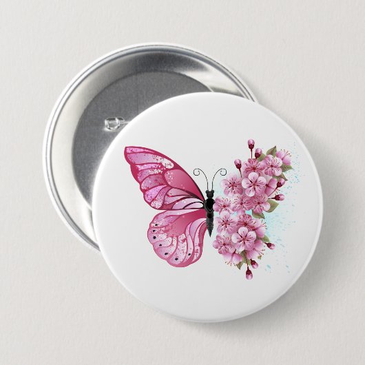 Blume Schmetterling mit rosa Sakura Button (Vorne & Hinten)