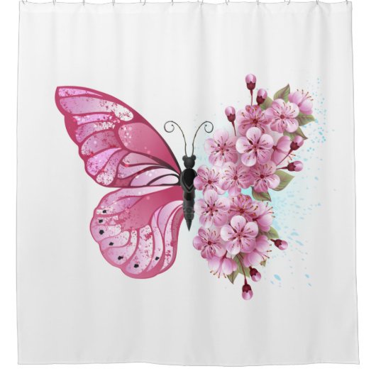 Blume Schmetterling mit rosa Sakura Duschvorhang (Vorderseite)