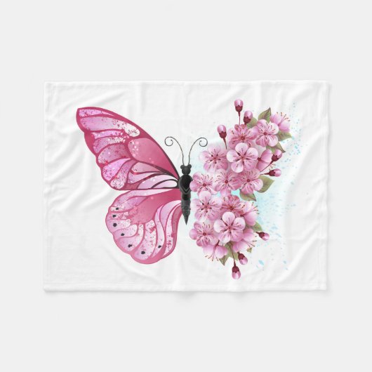 Blume Schmetterling mit rosa Sakura Fleecedecke (Vorderseite (Horizontal))