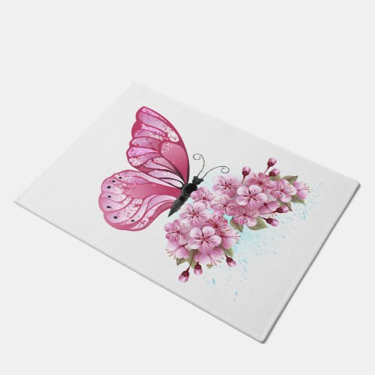 Blume Schmetterling mit rosa Sakura Fußmatte (Schrägansicht)